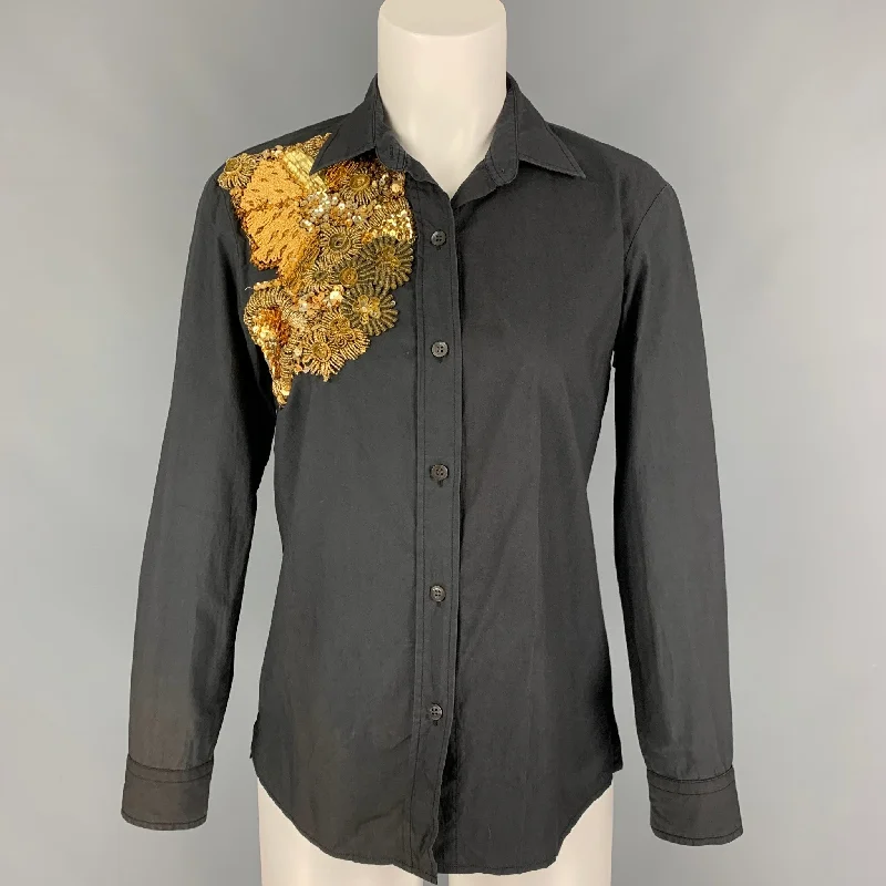 DRIES VAN NOTEN Size 4 Slate Gold Cotton Beaded Long Sleeve Blouse Feminine Satin Blouse