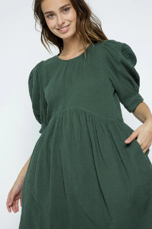 DUSTY GREEN PUFF SHORT SLEEVES FLARE BABYDOLL MINI DRESS MDR8648 Comfortable Polka Dot Mini Dress