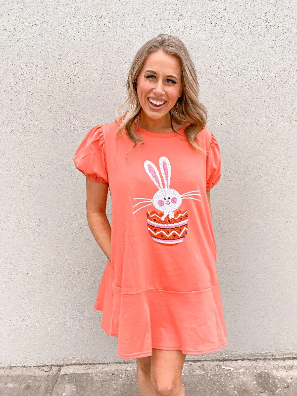 Easter Bunny Sequin Patch Coral Mini Dress-FINAL SALE Elegant Lace-Up Mini Dress