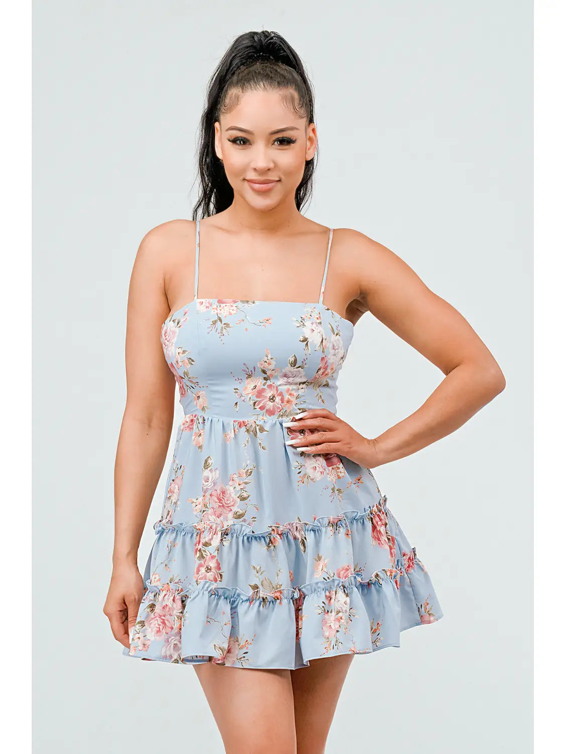 Floral Print Fit And Flare Ruffled Mini Dress - Light Blue Stylish Sweetheart Mini Dress