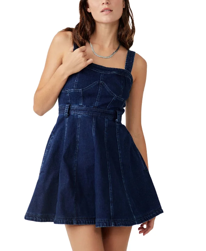 Free People Margot Denim Mini Dress Fashionable Lace-Trim Mini Dress