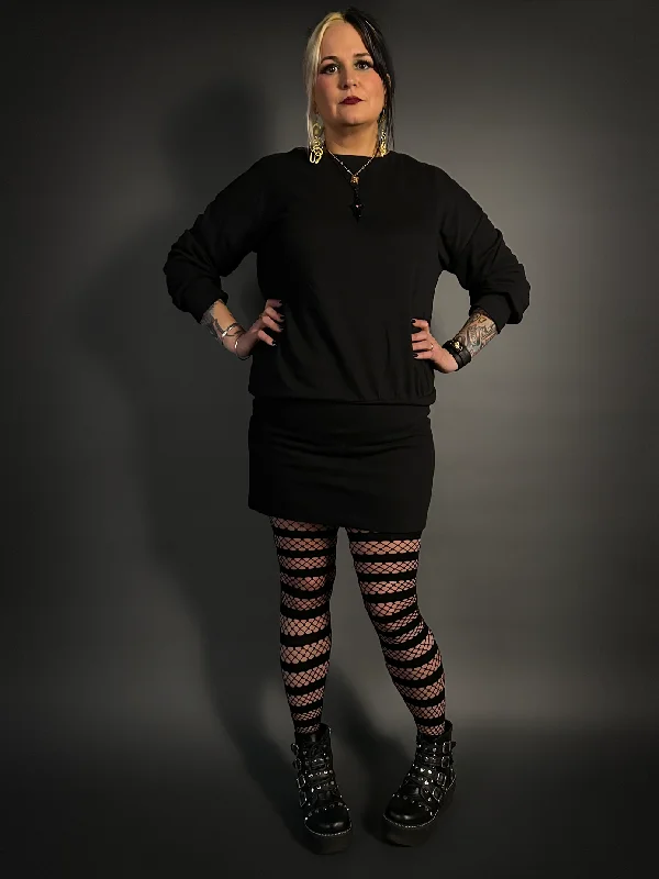 French Terry Long Sleeve Casual Sweatshirt Mini Dress in Black Stylish Ruffle Mini Dress