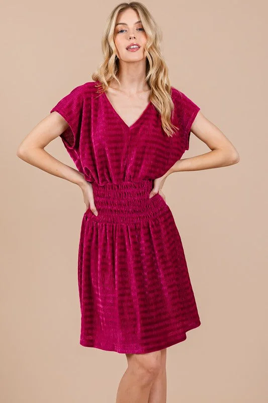 FUCHSIA TEXTURED KNIT SMOCKING DETAILED MINI DRESS CFDLU51382SA Stylish Floral Print Mini Dress