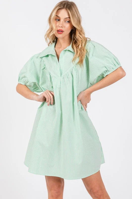 GREEN STRIPED COLLARED PUFF SLEEVES MINI DRESS DLU51348STA Elegant Satin Lace Mini Dress