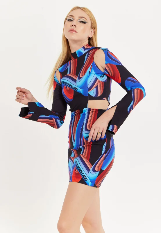 House Of Holland Abstract Print Mini Dress With Cut Out Details And Sleeve Slit Stylish Puff Sleeve Mini Dress