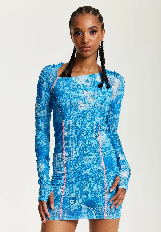 House Of Holland Denim Print Mini Dress Stylish Short-Sleeve Mini Dress
