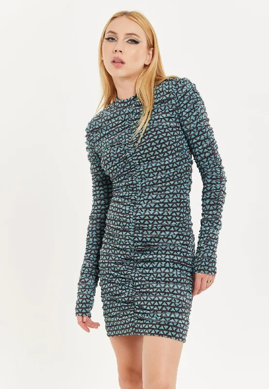 House of Holland Geometric Print Ruched Mini Dress Trendy Button-Detail Mini Dress