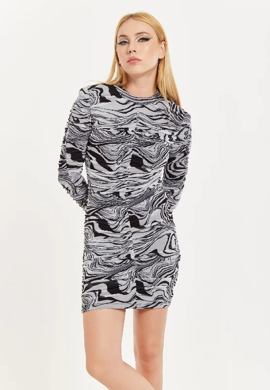 House of Holland Monochrome Swirl Print Ruched Mini Dress In Black&White Classic Shift Mini Dress
