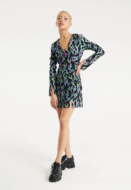House Of Holland Neon Green And Pink Flame Print Long Sleeve Mini Dress Chic Puff Sleeve Mini Dress
