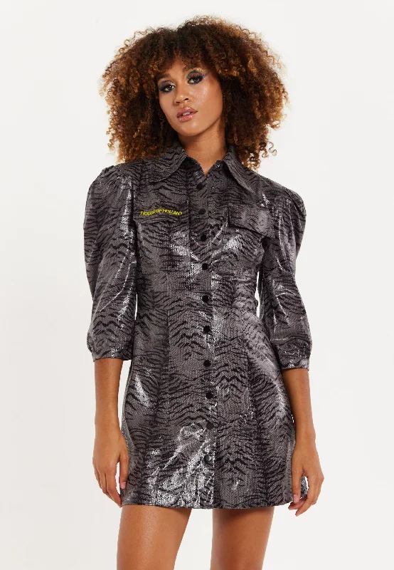 House Of Holland Mini Dress in Grey Wet Look Zebra Stripe Trendy Tulle Mini Dress