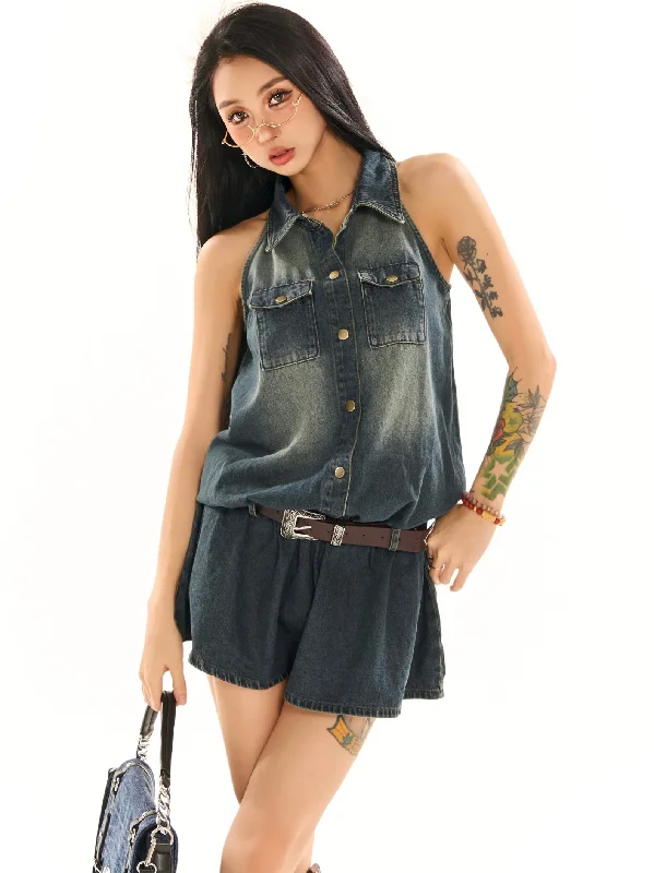 Ianna Denim Washed Sleeveless Lapel Brown Waist Belt Multi-Pocket Mini Dress Cozy Knit Mini Dress