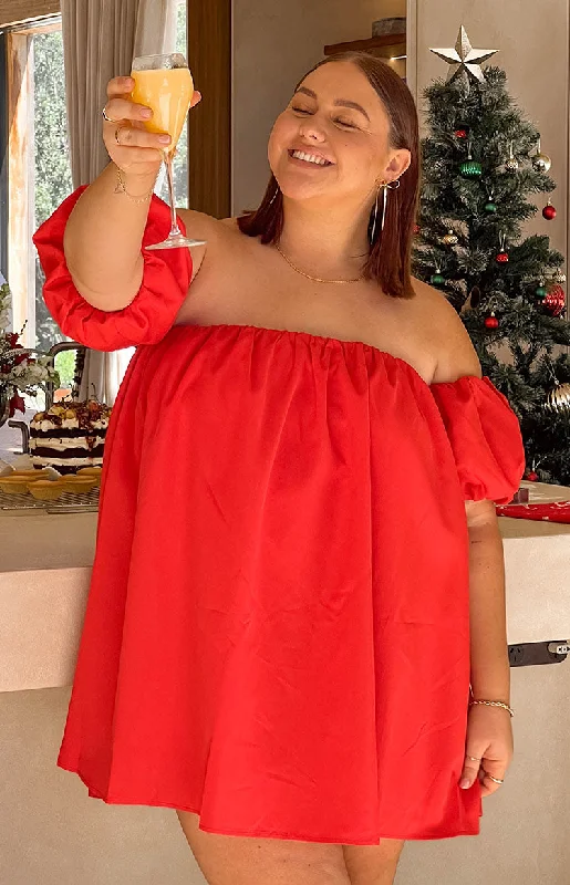 Jozette Red Off The Shoulder Mini Dress Cozy Ruched Mini Dress