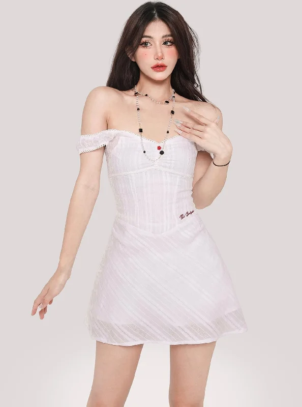 Kelly Solid Color White Lace Off-the-Shoulder Slim V-Neck Mini Dress Cozy Wraparound Mini Dress
