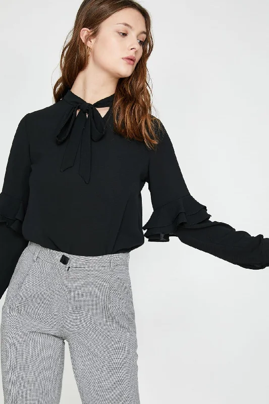 Women Black Blouse Silky Tunic Blouse
