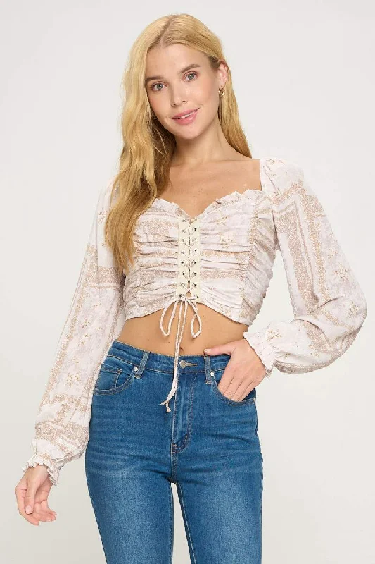 Lace Up Front Shirred Smock Back Blouse Top Wrap Front Blouse