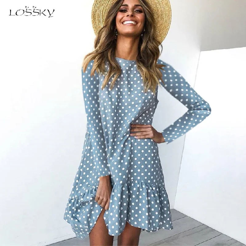 Lossky Polka Dot Print Casual Long Sleeve Mini Dress Classic White Mini Dress