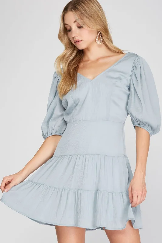 LT. BLUE V-NECK PUFF SLEEVES TIERED MINI DRESS SS9619 Stylish Ribbed Mini Dress