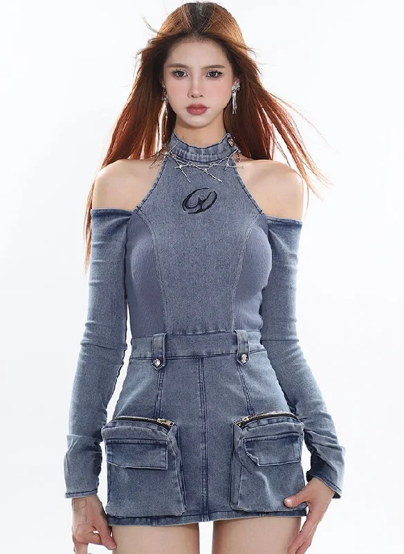 Malinda Denim Blue Letter Embroidery Stitch Knit Pocket Halter Neck Long Sleeve Cut Out Multi-Pocket Cargo Slim Mini Dress Chic Sleeveless Mini Dress
