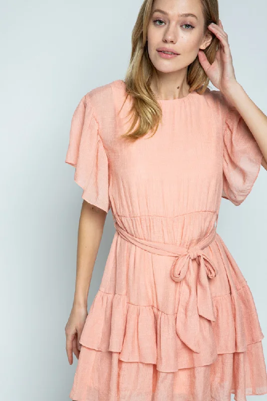 BLUSH ROUND NECK RUFFLED SLEEVES AND HEM MINI DRESS MDR8251 Trendy Lace Mini Dress