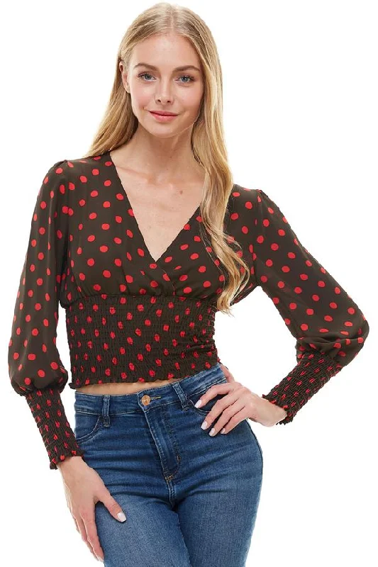 Polk A Dot Surplice Smock Waist & Smock Sleeve Detailed Blouse Smart Business Blouse