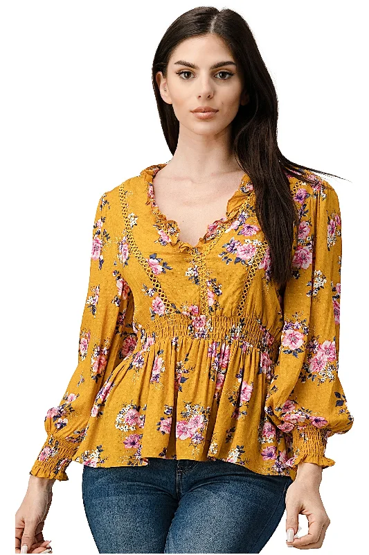 Rayon Challis Floral Ruffle V Neck Blouse Top Elegant Lace Blouse