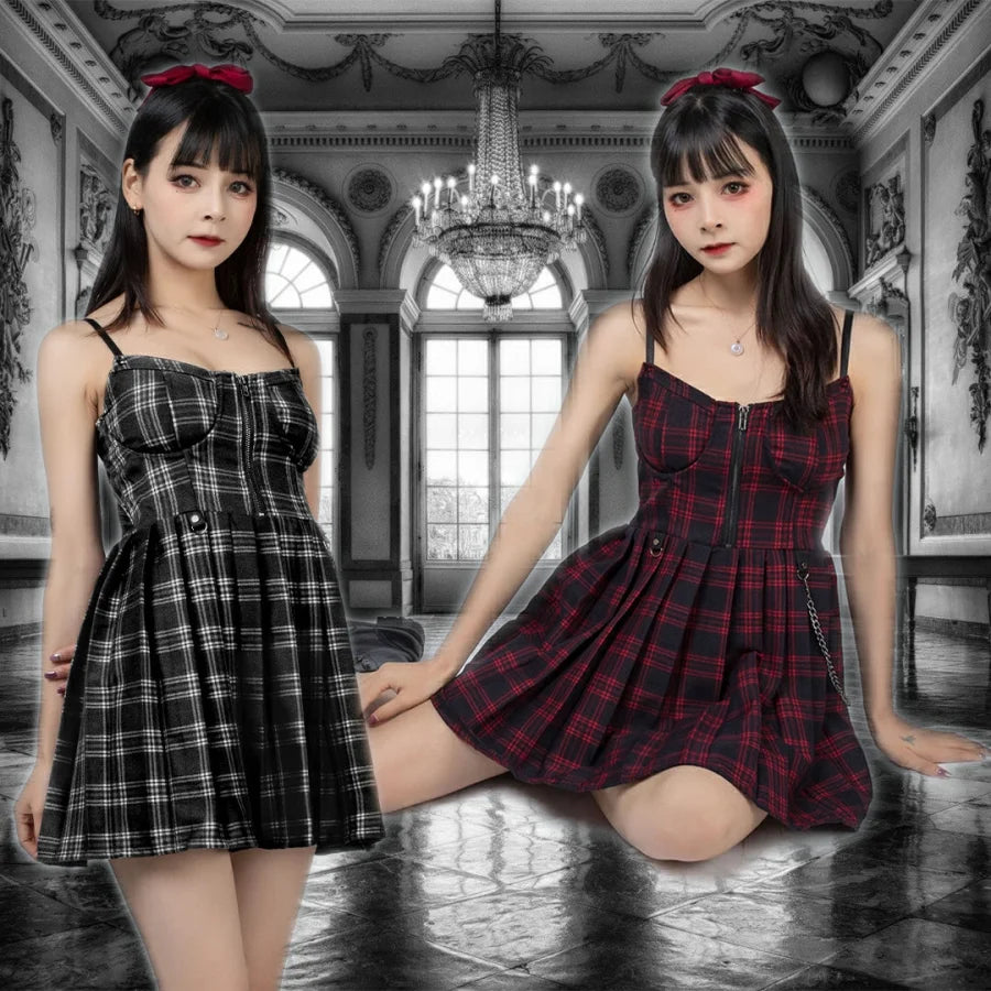 【READY TO SHIP】Gothic Grunge Spaghetti Strap Plaid Mini Dress mp005895 Fashionable A-Line Mini Dress