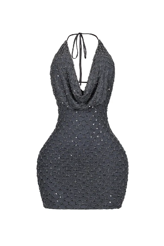 Rebecca Beaded Cowl Neck Halter Mini Dress Classic Floral Print Mini Dress