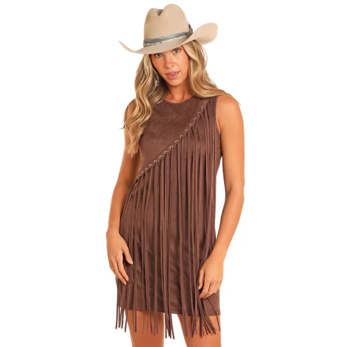 Rock & Roll Denim Ladies Asymmetrical Fringe Brown Mini Dress BWD0R04565-24 Classic Solid Mini Dress