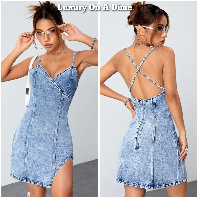 Retro Denim Mini Dress V-neck Sleeveless Open Cross Back Blue Jean Cutout High Slit Elegant Velvet Mini Dress