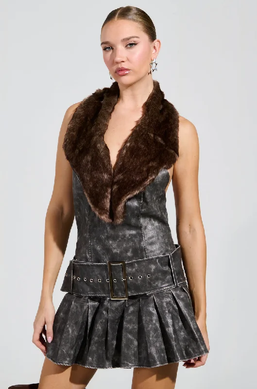 STEPPING OUT PU FUR TRIM MINI DRESS Cozy Cotton Mini Dress