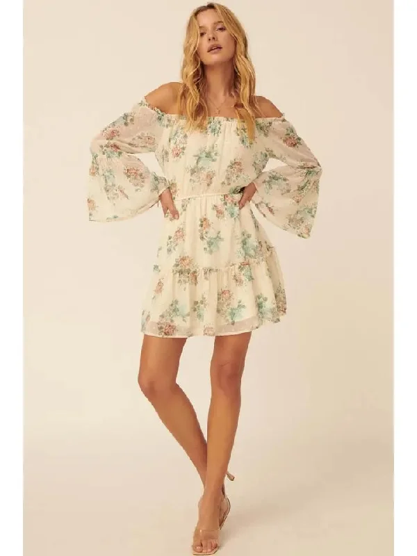 Swiss Dot Floral Off Shoulder Ruffle Mini Dress Stylish Summer Mini Dress