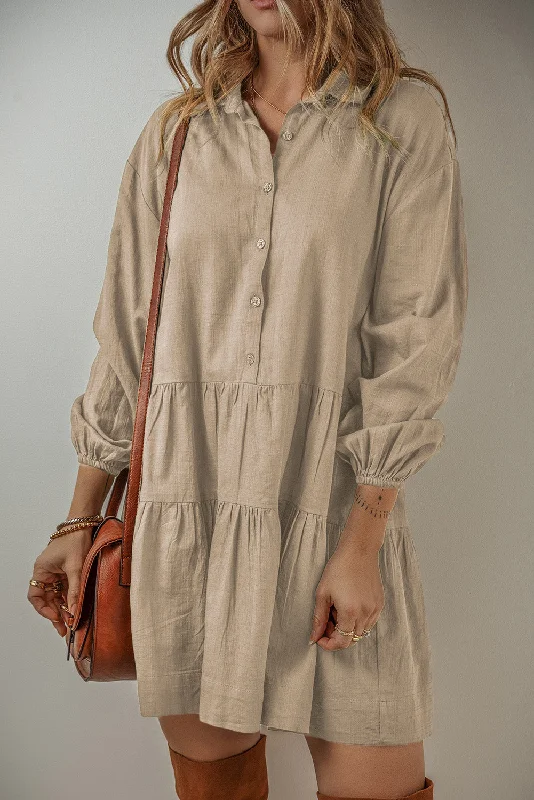 Blue Zone Planet |  Tan Puff Sleeve Buttoned Tiered Pleated Shirt Mini Dress Cozy Satin Mini Dress