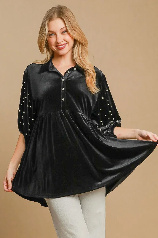 Umgee Pearl Detail Half Sleeve Velvet Babydoll Blouse Chic Off-Shoulder Blouse