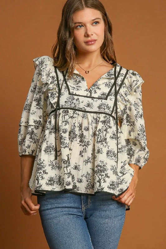 Umgee Ruffled Tie Neck Puff Sleeve Babydoll Blouse Silky Draped Blouse