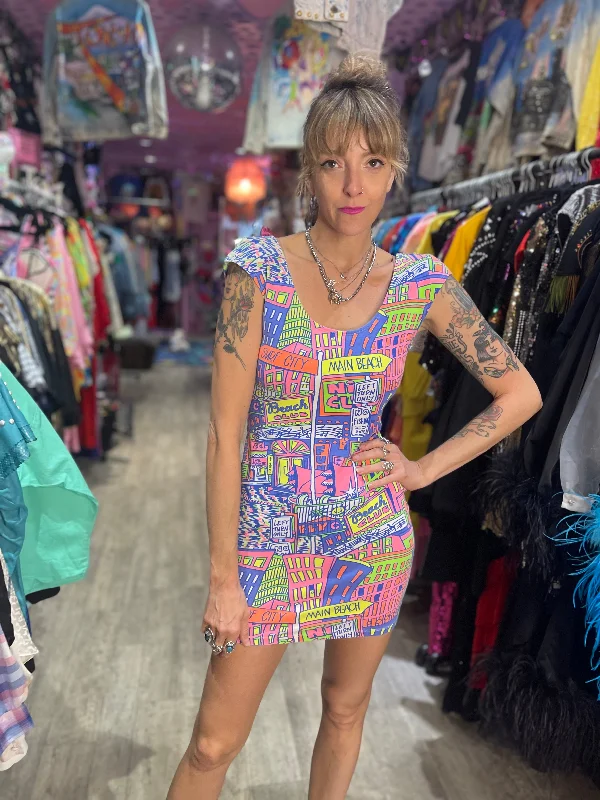 Vintage 90s Neon Beach Mini Dress Classic Floral Mini Dress