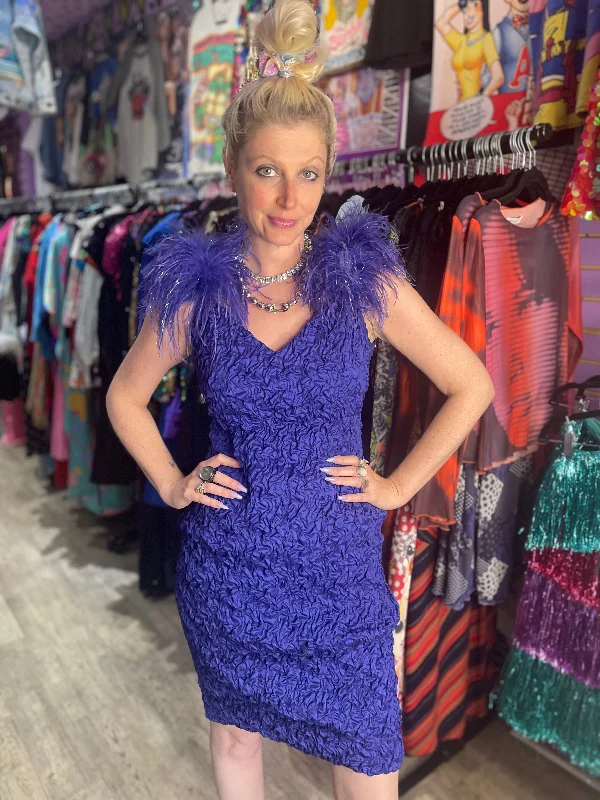 Vintage 90s Purple Feather Mini Dress Comfortable Fit-and-Flare Mini Dress