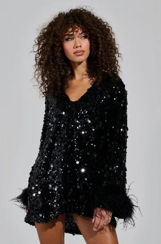 WOKE UP LIKE THIS SEQUIN MINI DRESS WITH FEATHERS Trendy Mesh Mini Dress