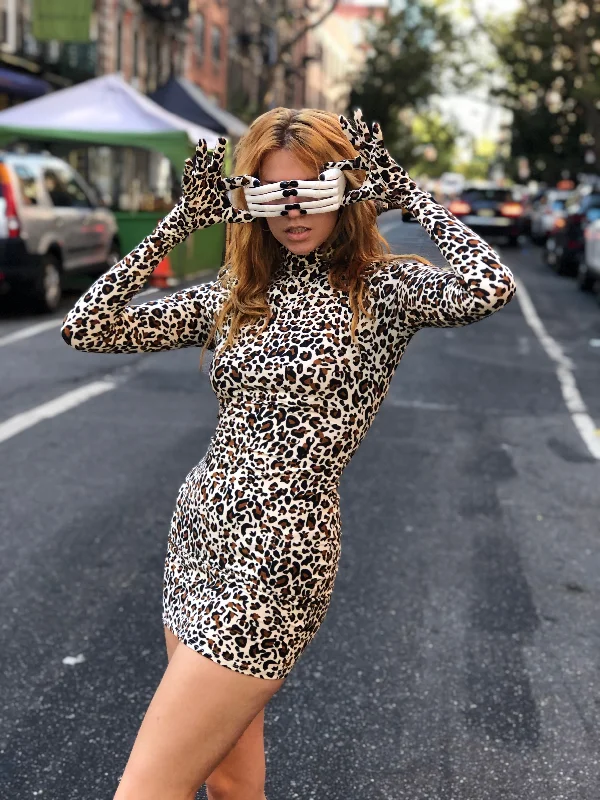 Y2K Leopard Gloves Mini Dress Classic Casual Mini Dress