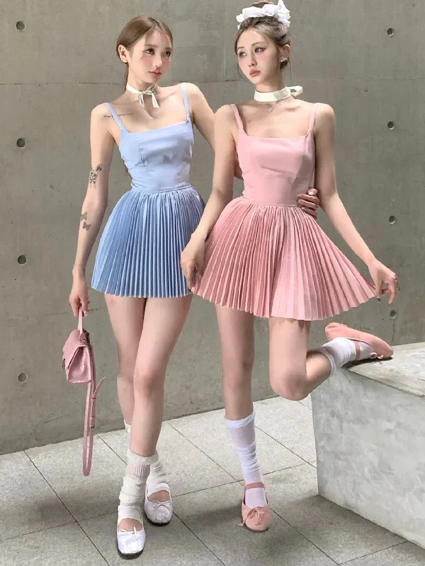 Yumi Solid Color Balletcore Spaghetti Strap Square Neck Slim Pleated Mini Dress Cozy T-Shirt Mini Dress