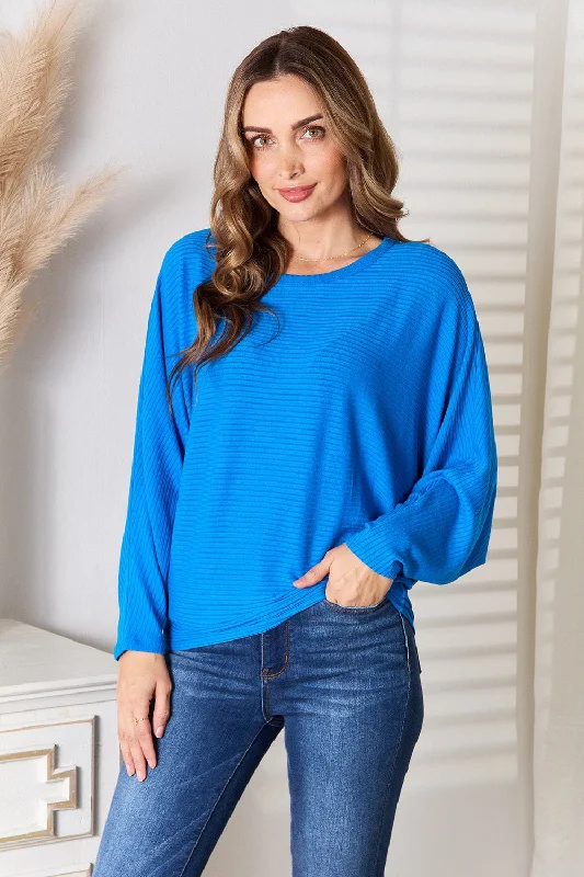 Zenana Full Size Round Neck Batwing Sleeve Blouse Balloon Sleeve Blouse