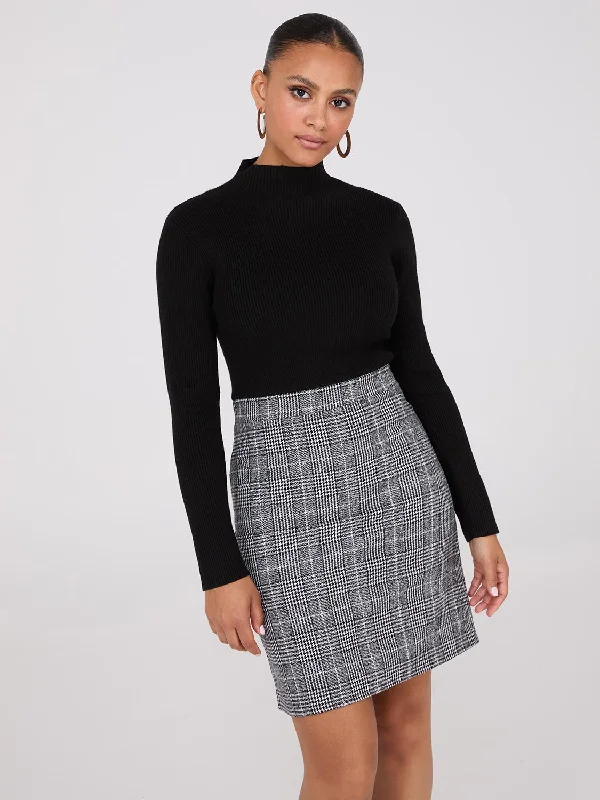 Mock Neck Plaid A-Line 2-Fer Mini Dress Cozy Wraparound Mini Dress