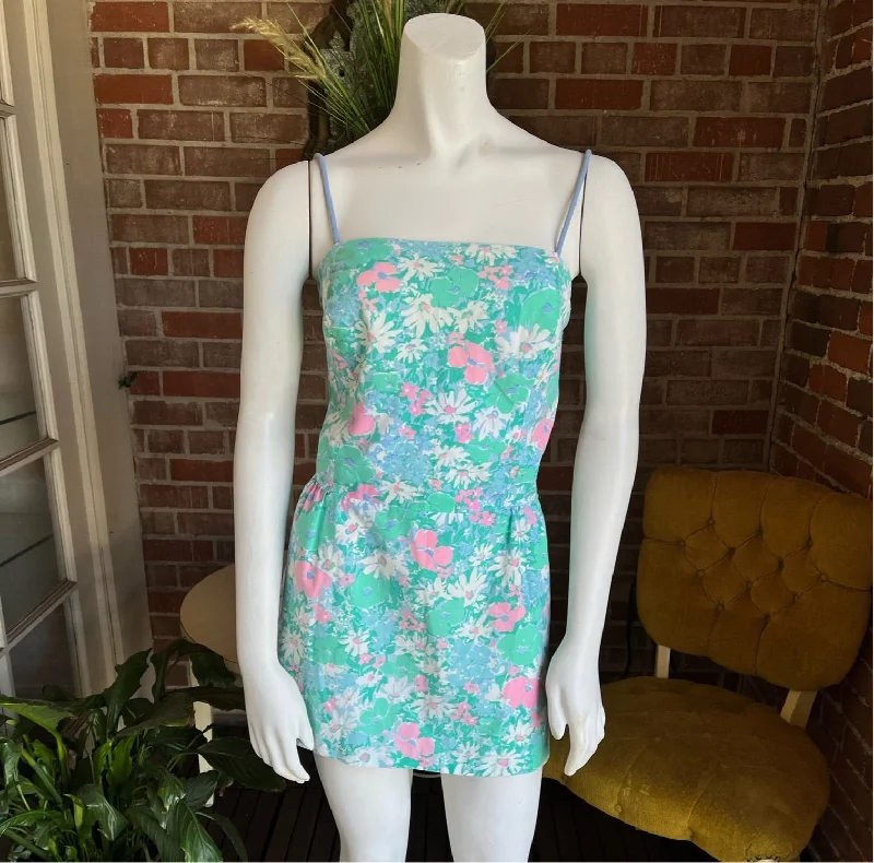1980s Blue Floral Mini Dress Fashionable Mini Dress with Frills