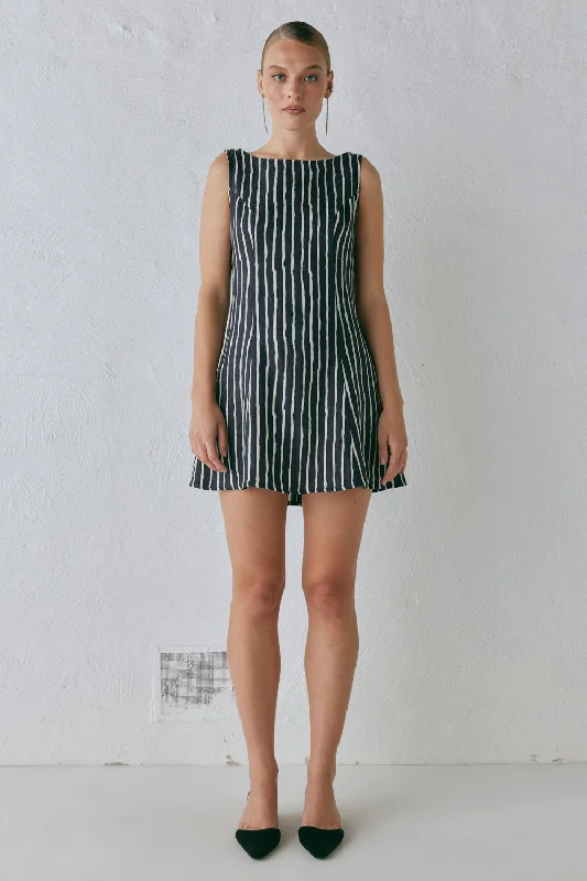 Chloe Linen Mini Dress Black Stripe Stylish Sweetheart Mini Dress