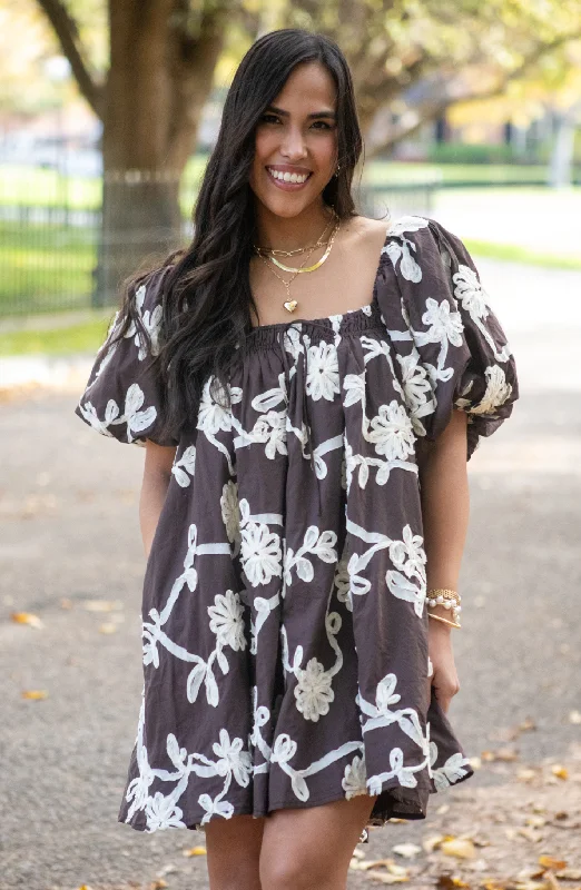 Feeling Special Floral Choco Embroidered Mini Dress Elegant Silk Mini Dress