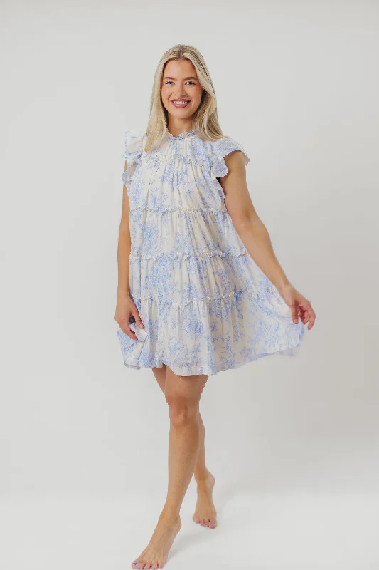 Adaline Babydoll Mini Dress with Flutter Sleeves in Off-White/Baby Blue Chic Pleated Mini Dress