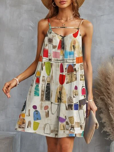Printed Spaghetti Strap Mini Dress Stylish Sweetheart Neck Mini Dress