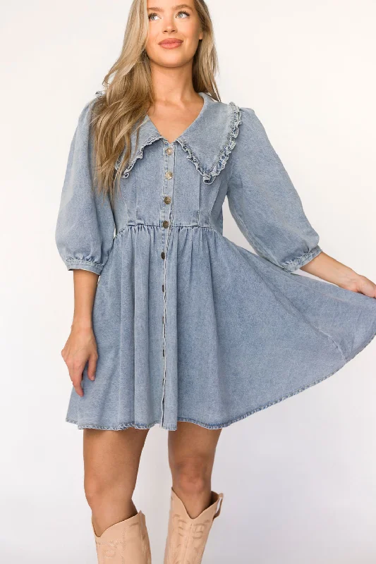 Lainey Mini Dress with Peter Pan Collar in Light Wash Denim - Nursing Friendly Stylish Plaid Mini Dress