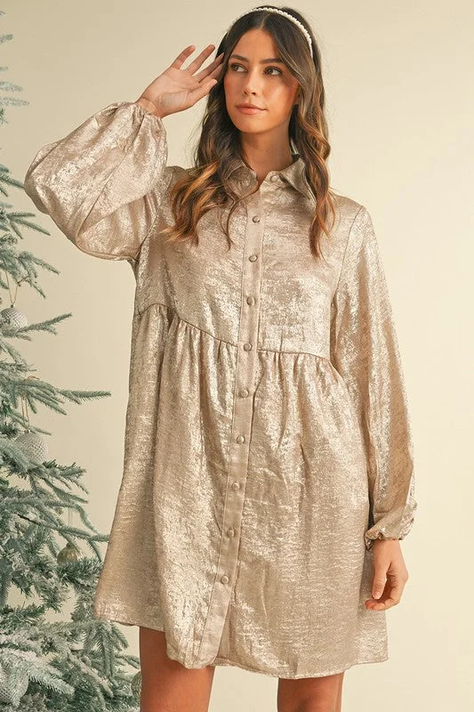 Sheen Puff Sleeve Mini Dress Fashionable Pleated Mini Dress