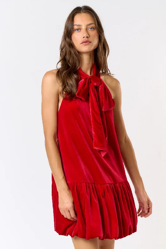 Velvet Halter Bow Mini Dress Fashionable Button-Front Mini Dress