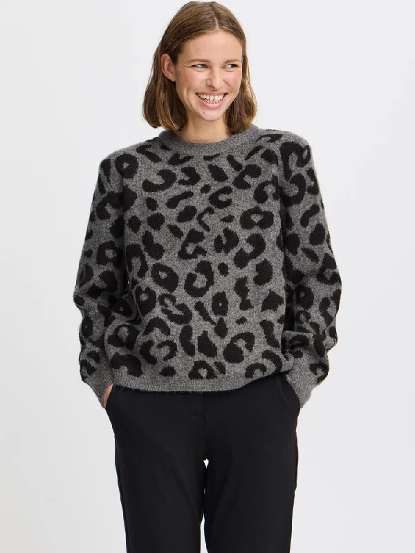 B Young BxMinya Leopard Jumper Mid Grey Melange Mix Sweater Knitwear Pullover
